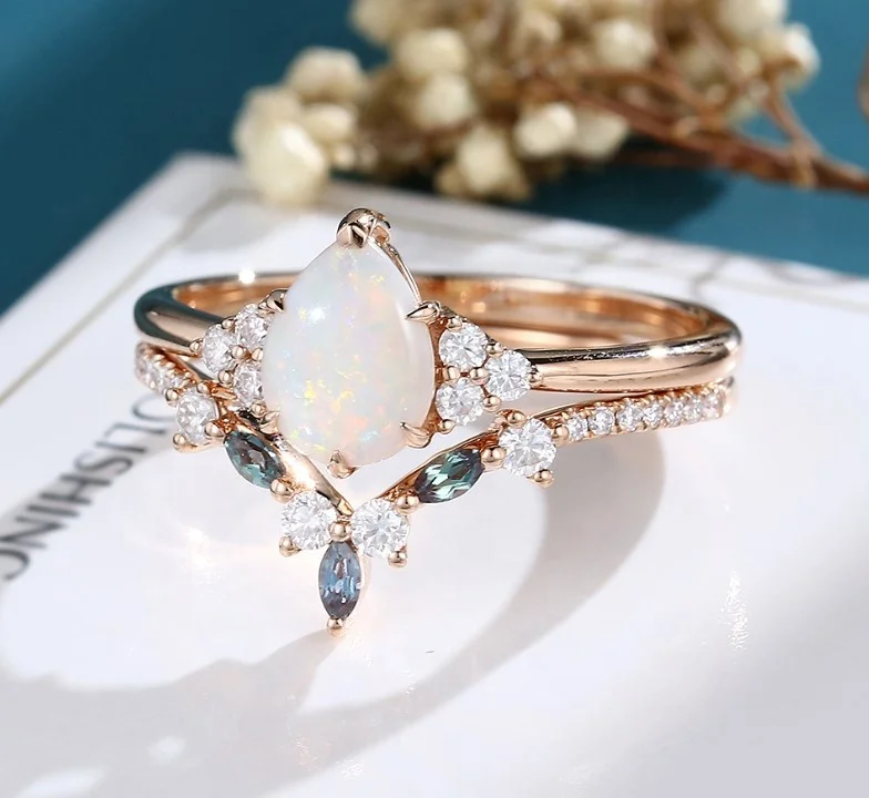 White Opal Jewelry 925 Sterling Silver Rose Gold Plating Pear Shape White Opal Women Fine Ring Set