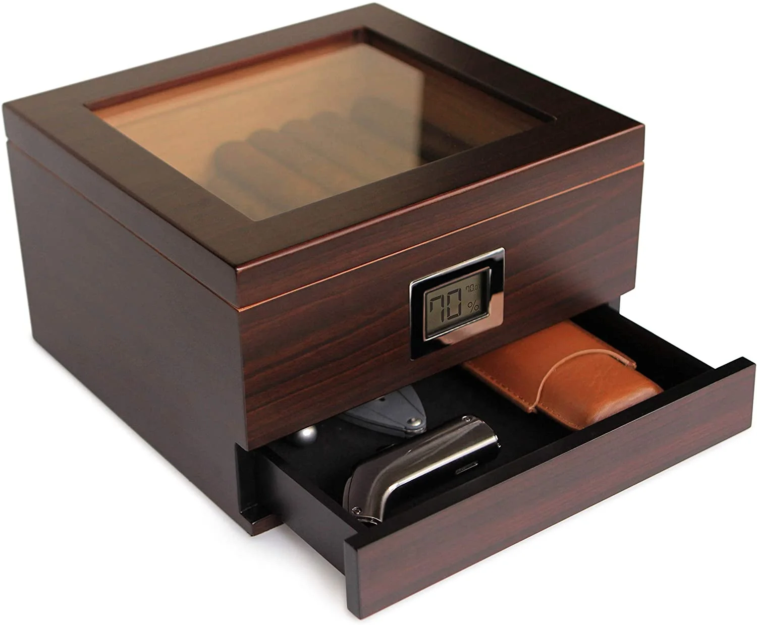 25-50 Cigars Empty Glass Top Handcrafted Cedar Humidor with Front Digital Hygrometer,Humidifier Gel, and Drawer for xiga