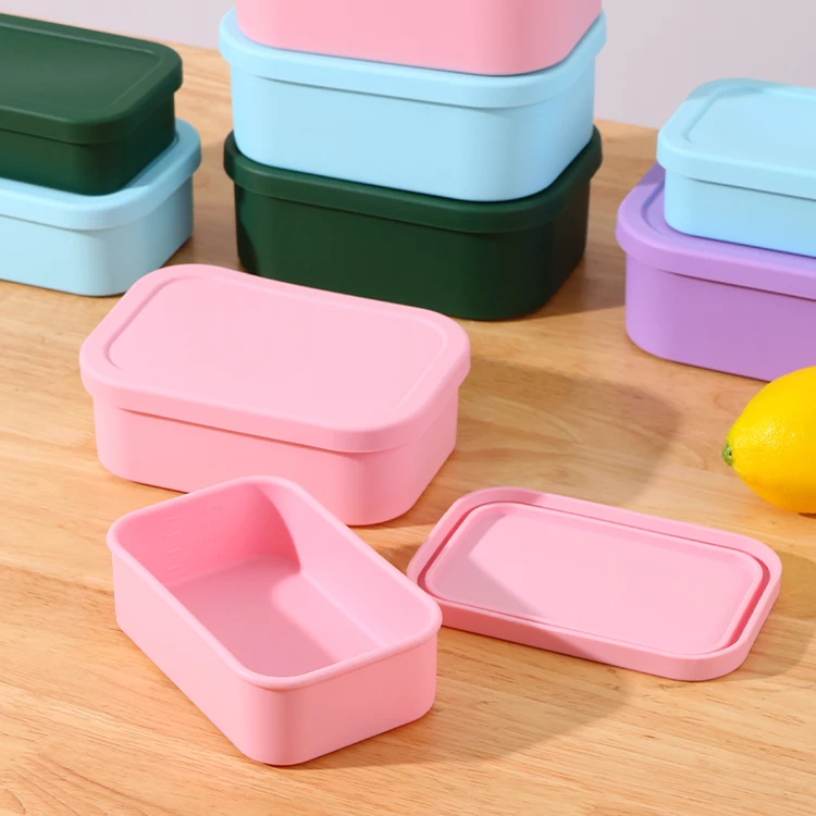 New Design 100% Silicone Rectangle Food Storage & Containers OPP Bag Food Grade Compartment Bento Lunch Boxes for Kids
