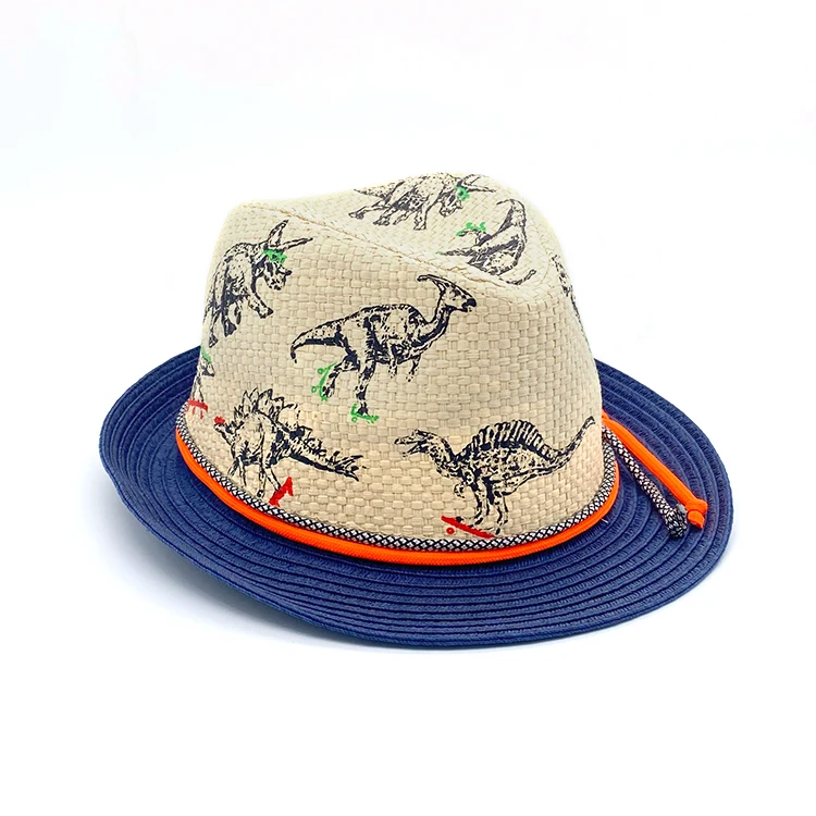 Разноцветная детская Соломенная пляжная шляпа с принтом динозавра, Федора с полосатой лентой