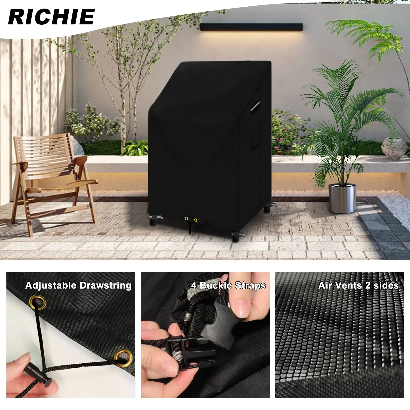 Heavy Duty 600D Oxford Black Reclining Garden Chair Cover Outdoor Patio Stacking Chairs Cover Waterproof