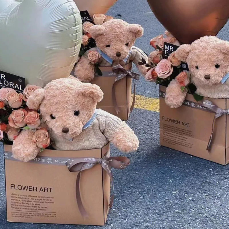 Kraft paper flower bag carrier box valentines mothers day bouquet flower packaging bag wholesale cheap price
