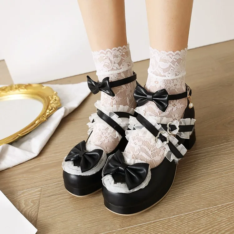 Zapatos de Mujer Size 48 Party Women Sissy Cute Lolita Lace Strap Bowknot Student Shoes Square Chunky Medium High Heel Pumps