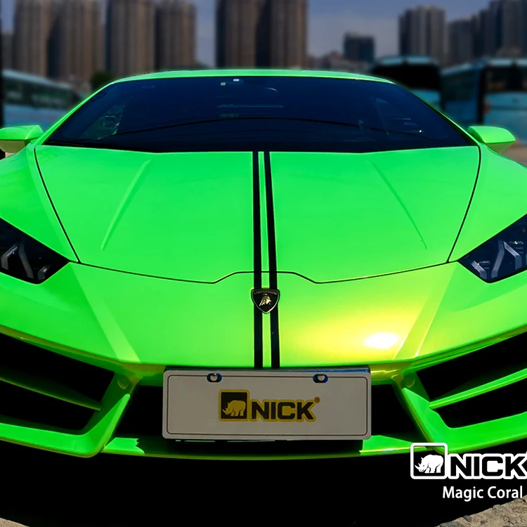 PET Magic Fluorescent Gloss Coral Green Car Wrap Vinyl Film Satin Vinyl Wrap Film Car Stickers Vinyl For Vehicle Styling