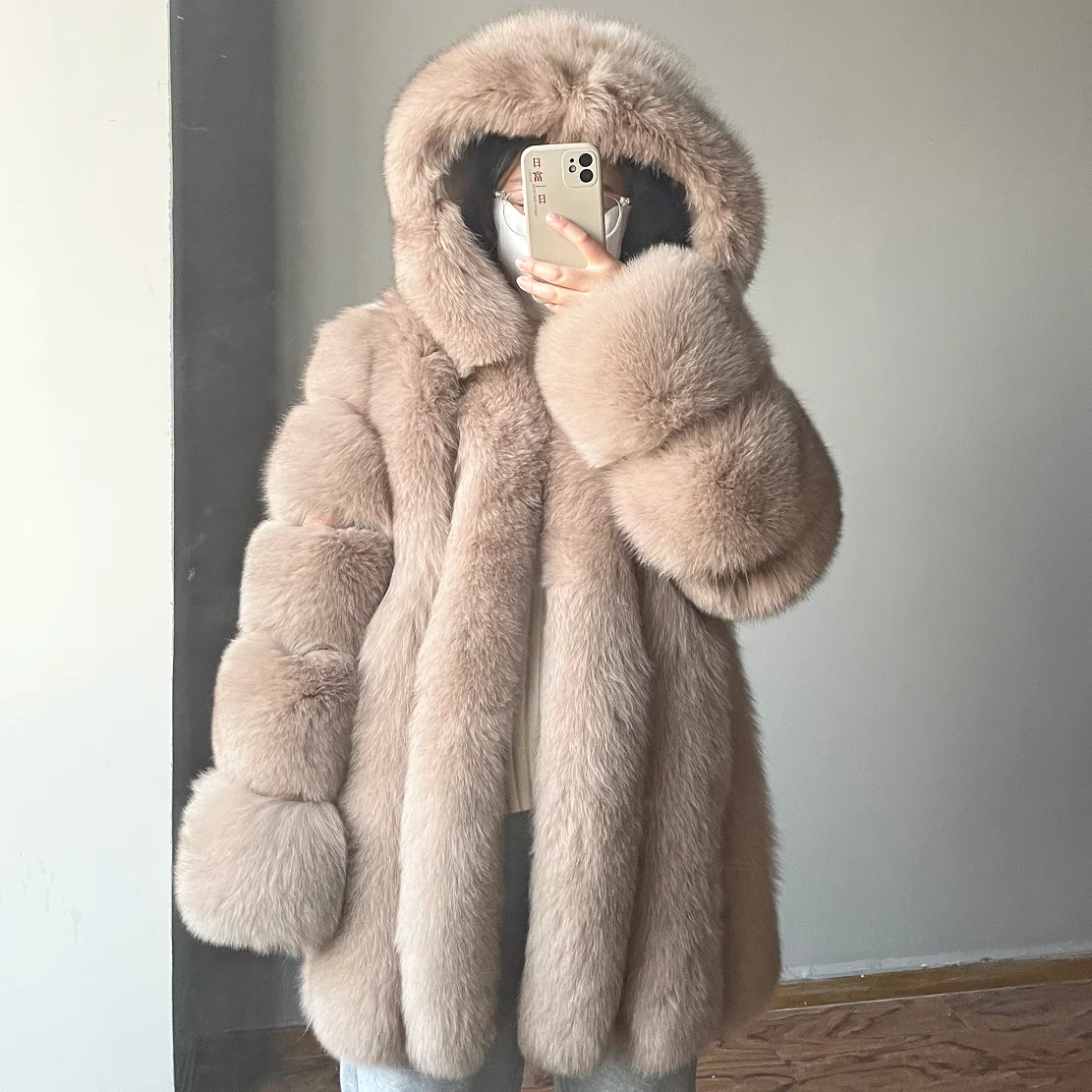 QIUCHEN-QC8149 2021 новая модель зимние женские большие размеры длинная теплая куртка с длинными рукавами и капюшоном из натурального меха лисы