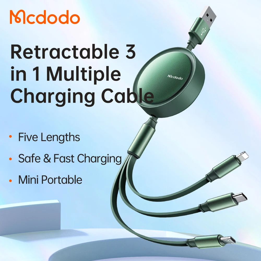 Mcdodo 3A Charging 3 in 1 Light-ning+Micro+Type C Data Cable, Multicharger Multi USB Retractable Charger Cable