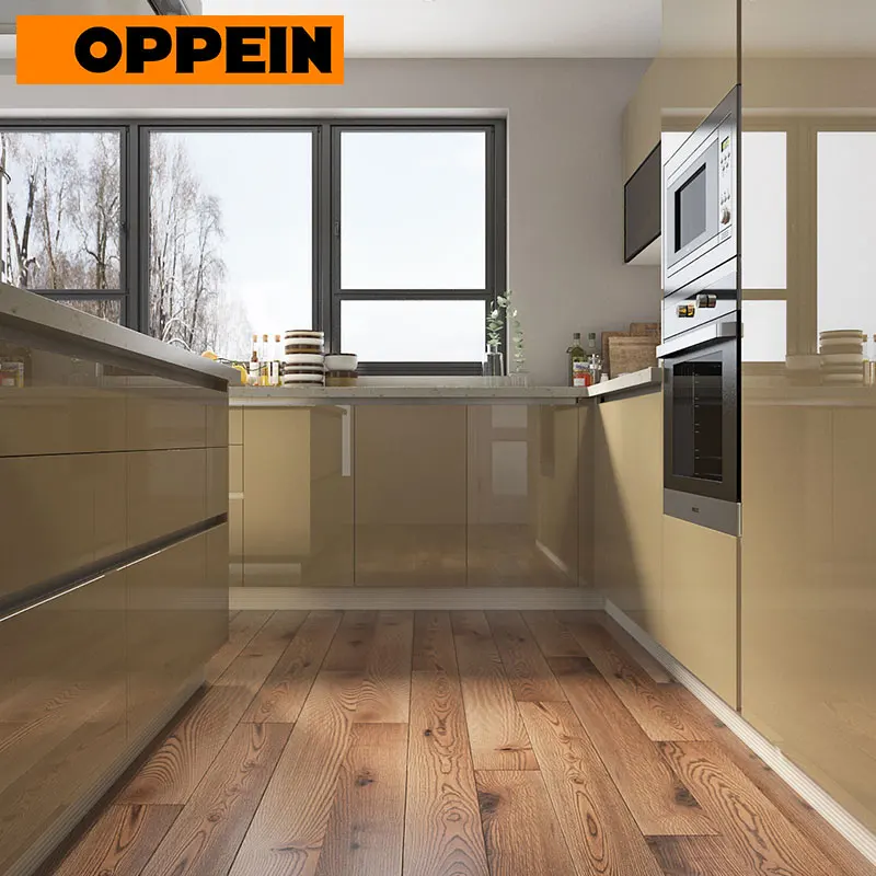 OPPEIN Modern Open Plan High Gloss Beige Kitchen Cabinets with Undermount Sink