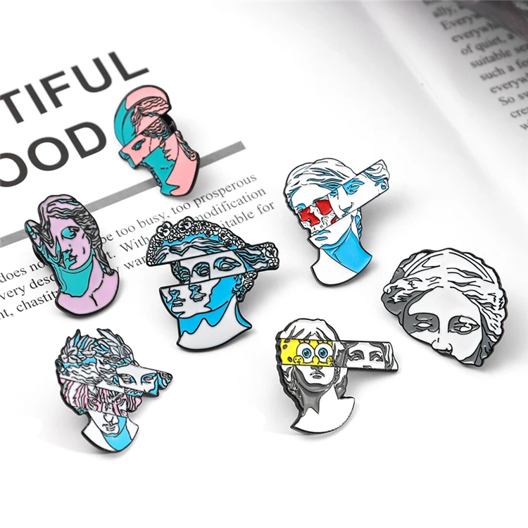 Art Sculpture Split Statue Brooch Spongebob Patrick Star UFO Portrait Plaster Statue Enamel Pin Backpack Lapel Badge