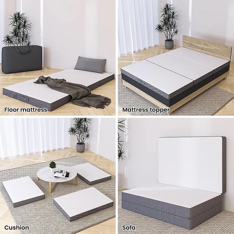 Portable Tri-Fold Memory Foam Mattress Topper with Washable Cover Non-Slip Bottom Modern Folding Foldable Bed Bedroom Floor Use