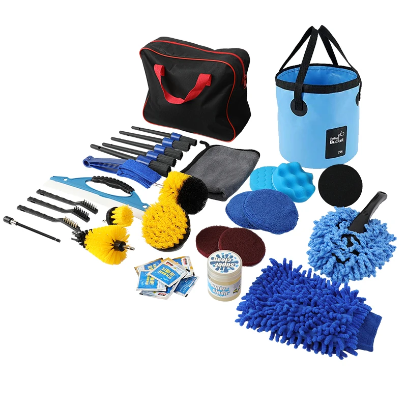 28 pcs car interior exterior wash detailing cleaning set tools with wheel drill brush wire brush chenille gloves folding buklet