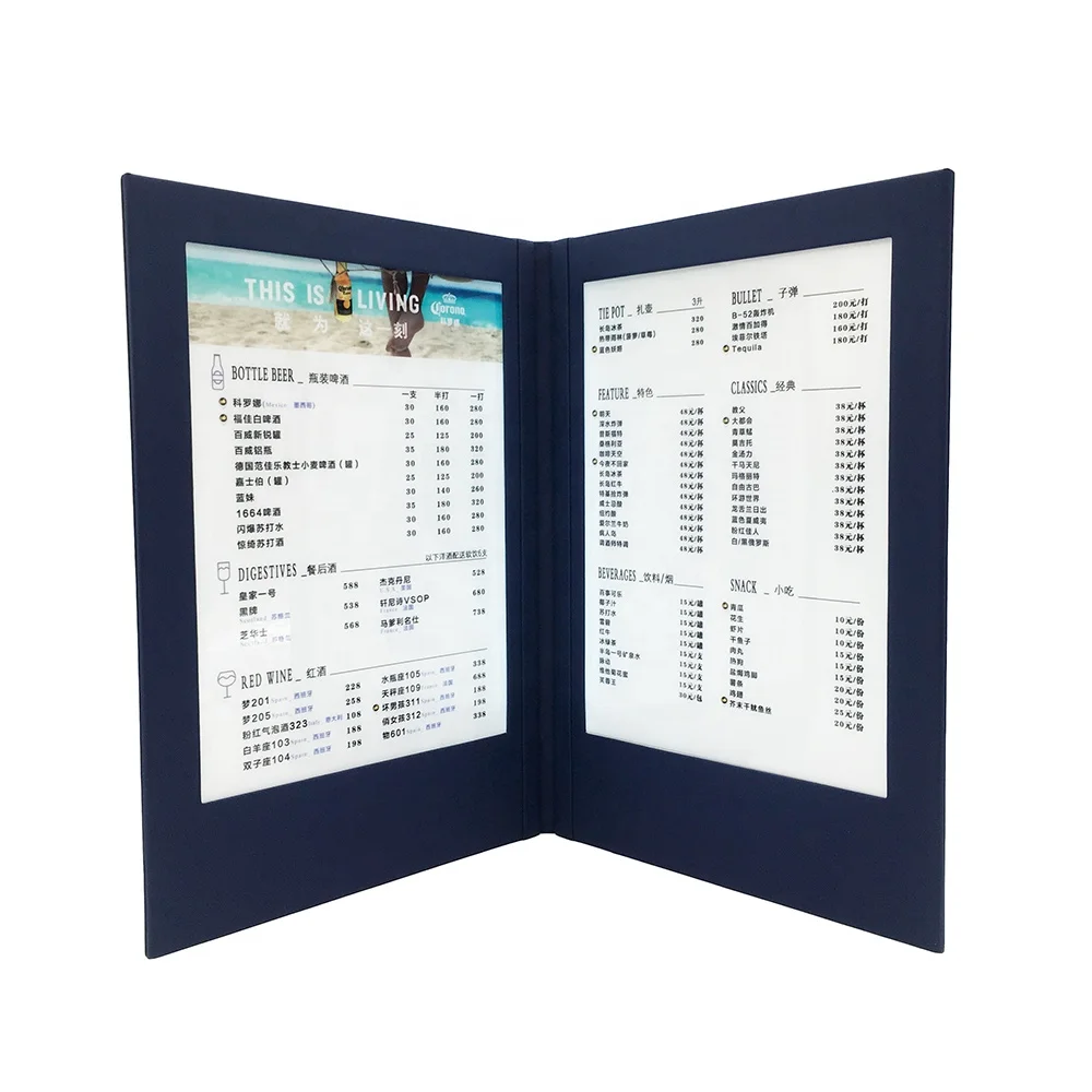 A4 restaurant wireless electronic menu light up menu for restaurant made in navy blue PU with emboss logos