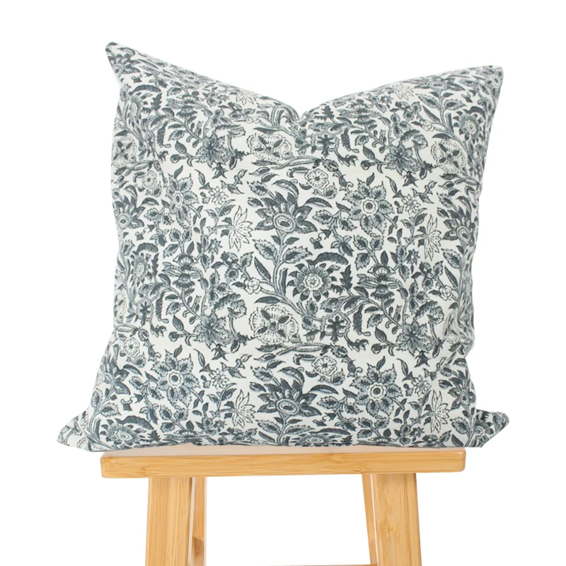 New Design 18x18 20x20 22x22 24x24 Muted Dusty Blue Designer Floral Blue Handblock Pillow Cover Neutral Home Decor