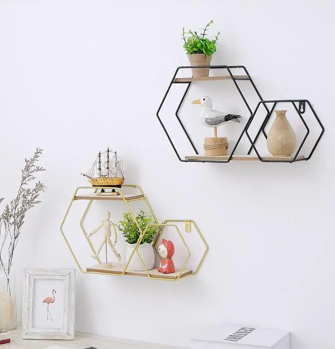 Wall Mounted Hexagonal Metal Wire Floating Shelves Farmhouse Storage Shelves for Bedroom, Living Room and Bathroom
