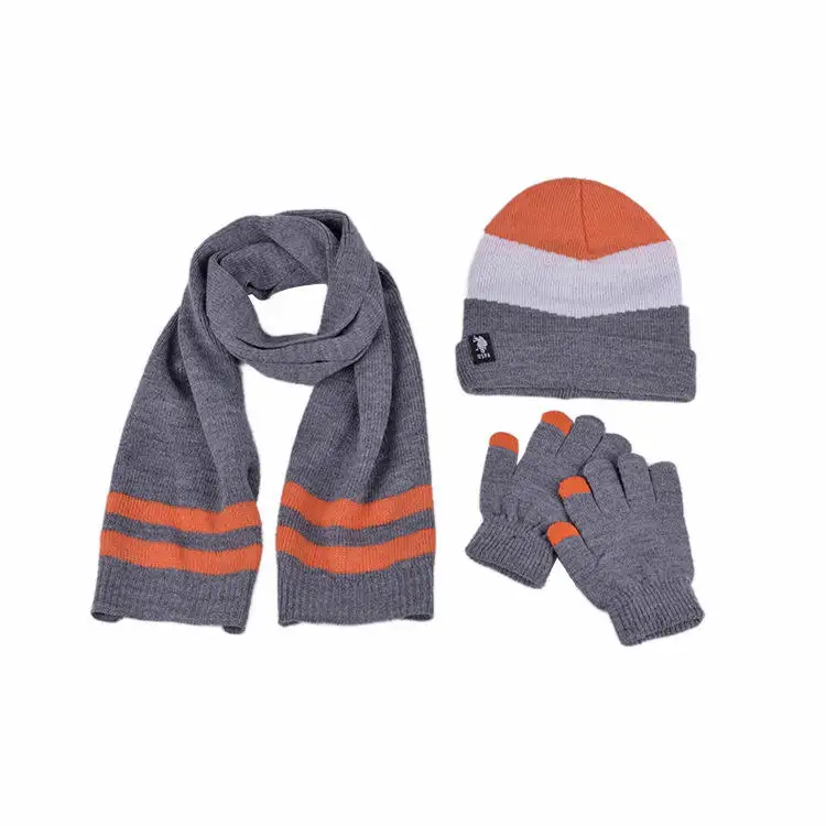 Fashion winter windproof warm man beanie scarf gloves and hat set with custom logo