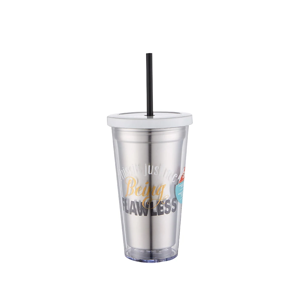 Classic hot sell inner stainless steel outer plastic straw mug & auto mug & travel mug 450ml