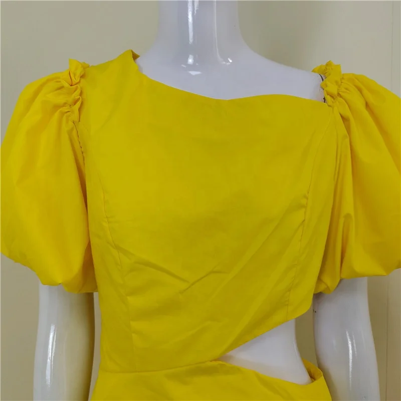 2021 New Fashion High Quality Yellow White Puff Sleeve Cutout Ladies Dresses Summer Casual Dresses Women