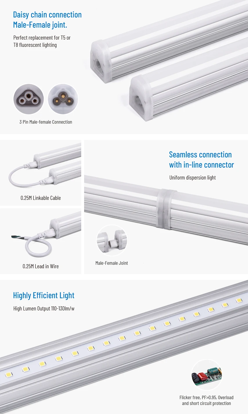 4Ft 8Ft 15W 30W Daytime Running Lights Color Changing T5 Bracket Integrated Led Tube Light