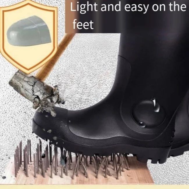 Steel Toe Rain Boots PVC Rubber Insole Mid Sole Puncture-Resistant Slip-Resistant Safety Features Labor Protection Autumn Season