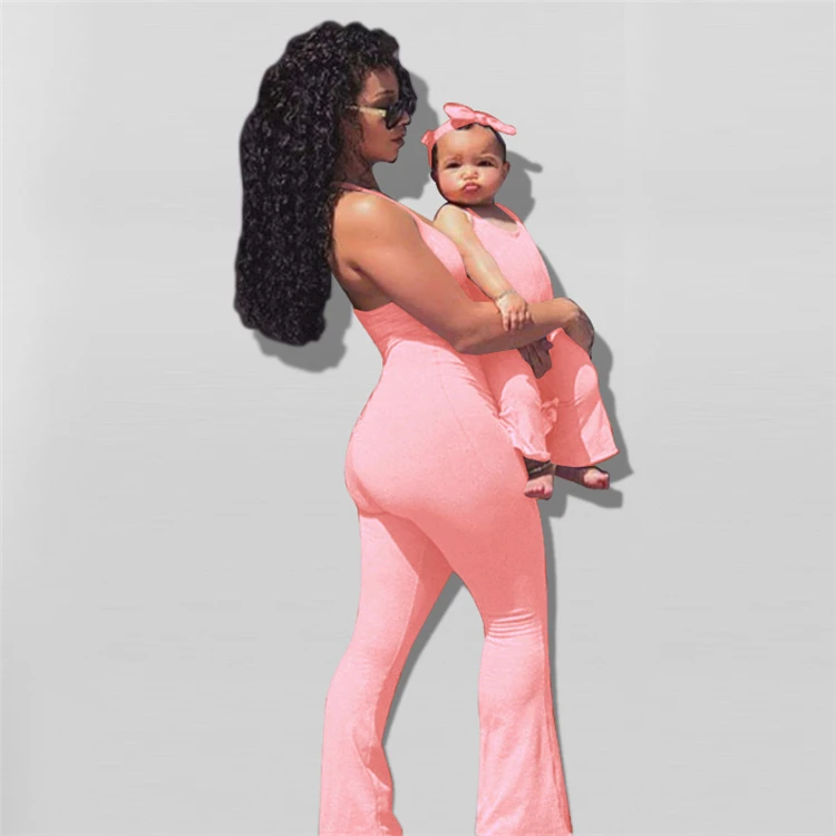 Amelie Hot Selling Halter Sleeveless Solid Color Summer Fashion Mother And Daughter Sets One Piece Long Flared Jumpsuits