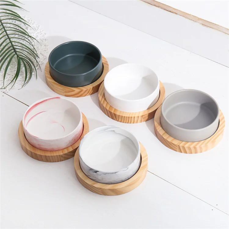 Dog cat drinking water bowls cute ceramic pet food bowl with wooden stand