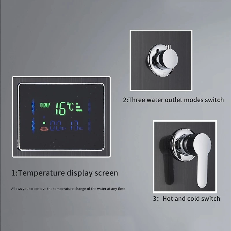 Digital Display Rainfall Shower Faucet Bathroom SPA Massage Jet Black LED Light Shower Panel With Handshower Bidet Sprayer Tap