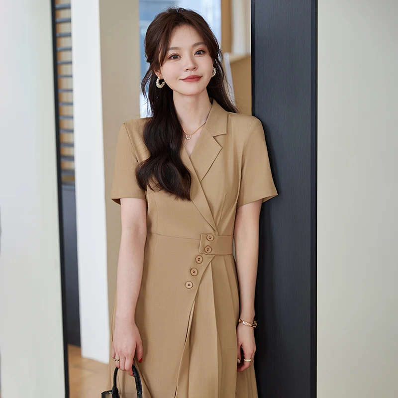 Summer short sleeved Elegant Women High Quality Button Dress with Pocket Blazer Dress