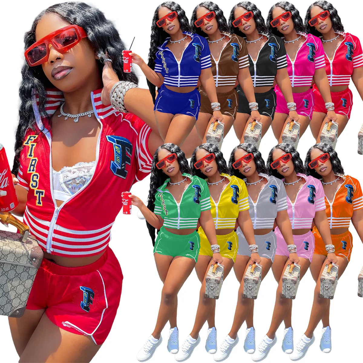 J9828 Women summer letter print 2 piece outfits womens varsity jacket and shorts set