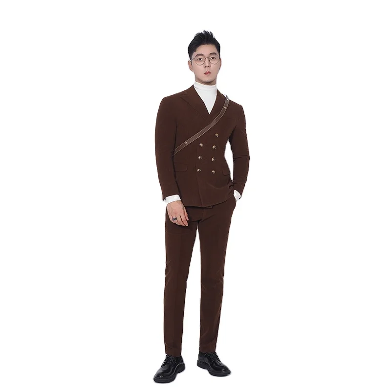 British style double row button corduroy suit two-piece new Korean version slim fitting velvet suit suit