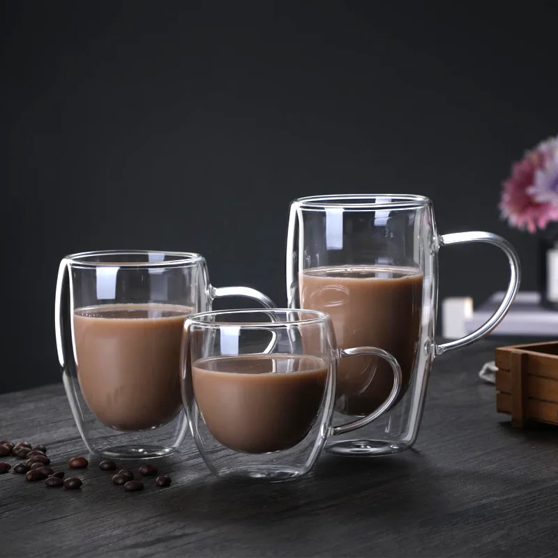 Hot Selling 250ml/350ml/450ml Transparent Double Wall Coffee Cups Glass Mug With Handle