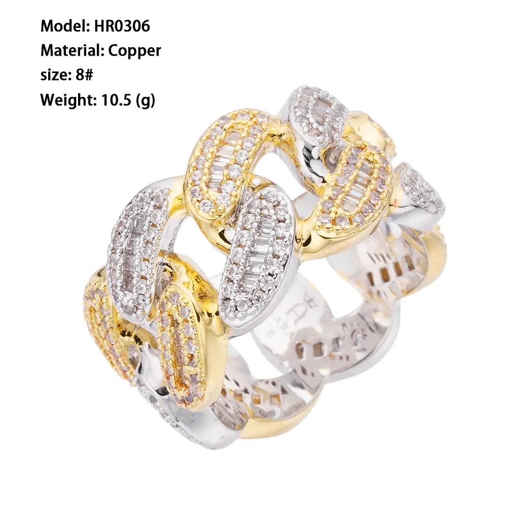 Fine Jewelry Hip Hop Cuban Chain Ring 10k Brass Gold Plated 925 Sterling Silver CZ Vvs Moissanite Diamond Band Ring For Men