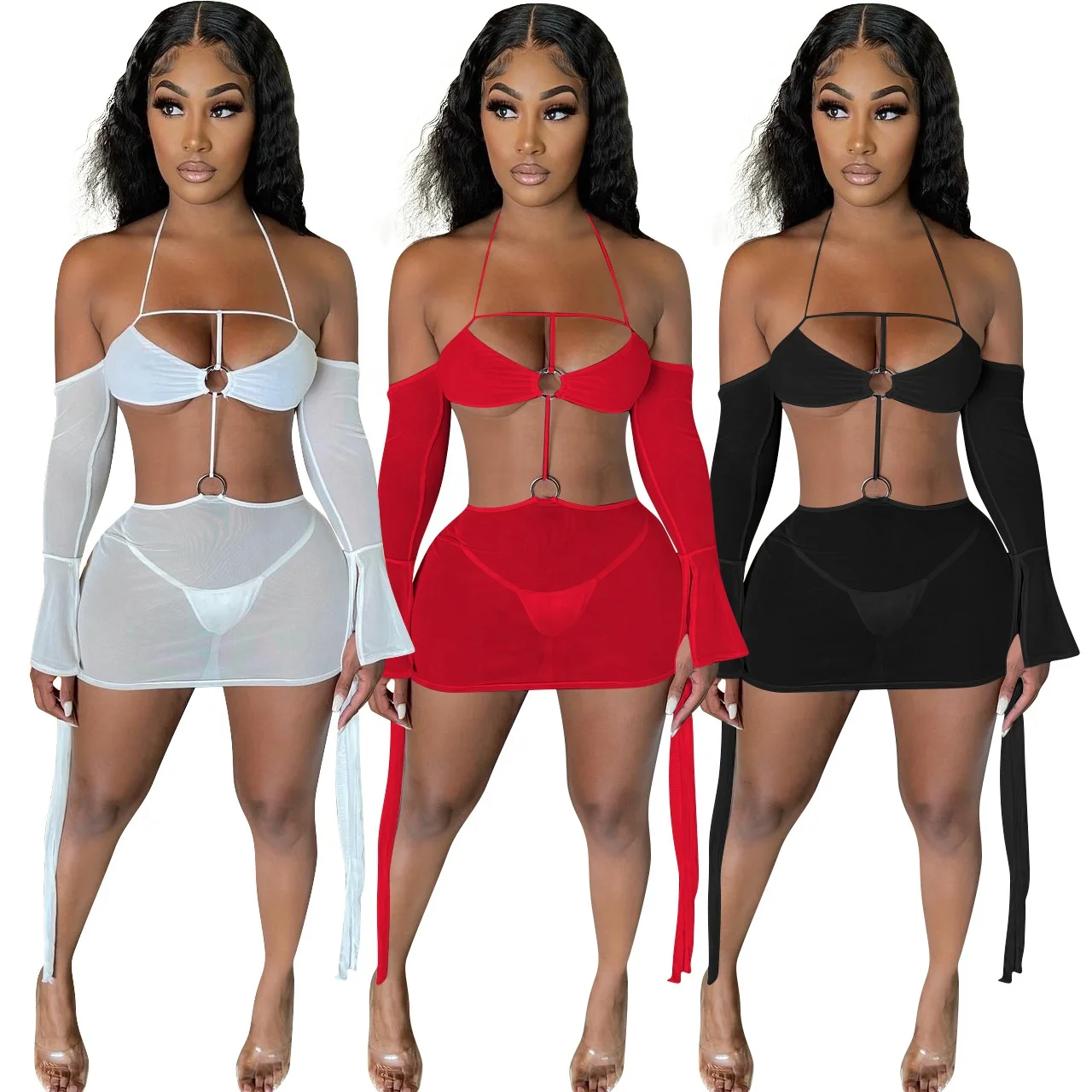 
QC-YD8395 Stylish womens clothing halter dress summer solid color perspective mesh mini dresses 2021 sexy 