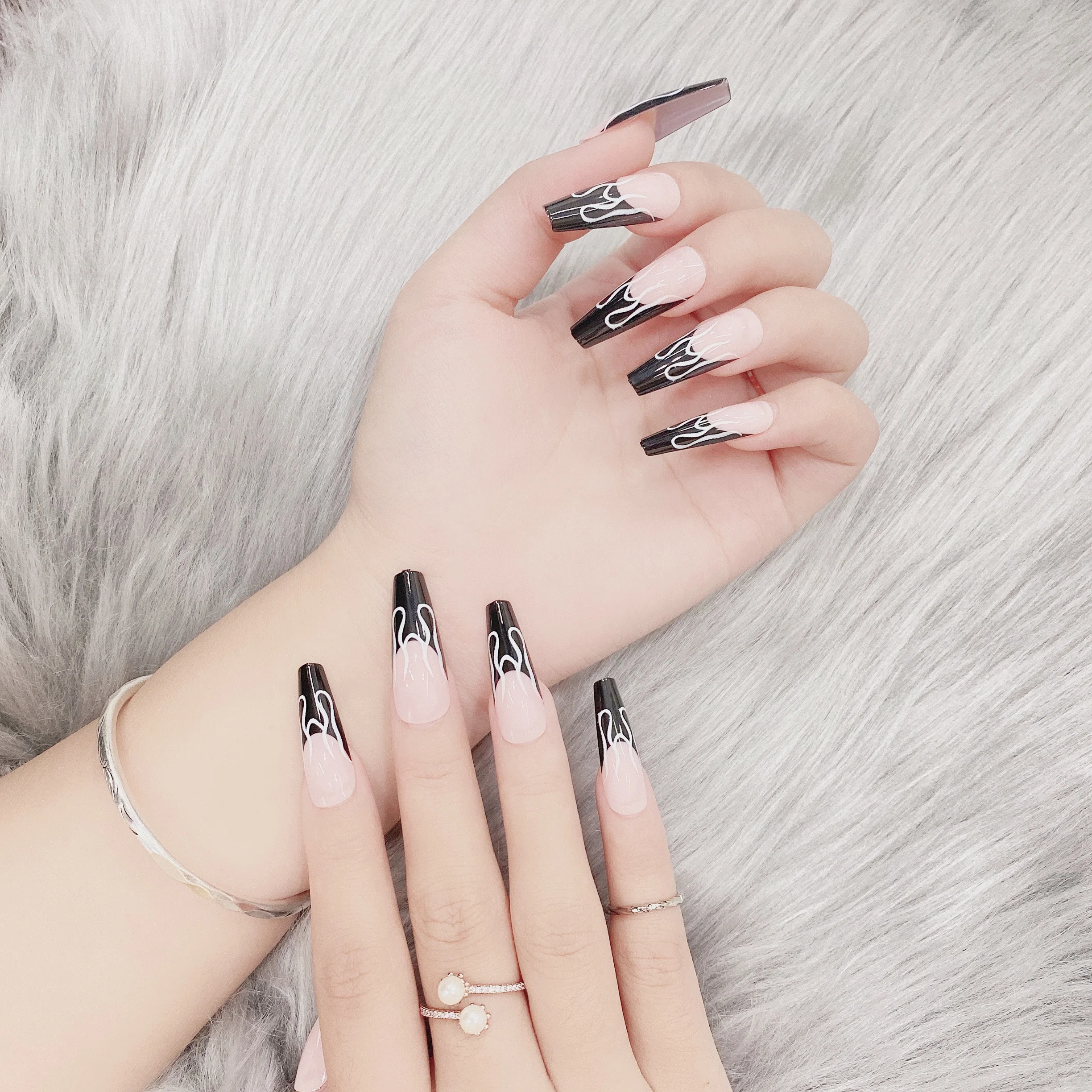 TSZS Wholesale Long Coffin Press on Nails Black Flame French Full Cover Nail Tips for Woman Girls with Glue Sticker
