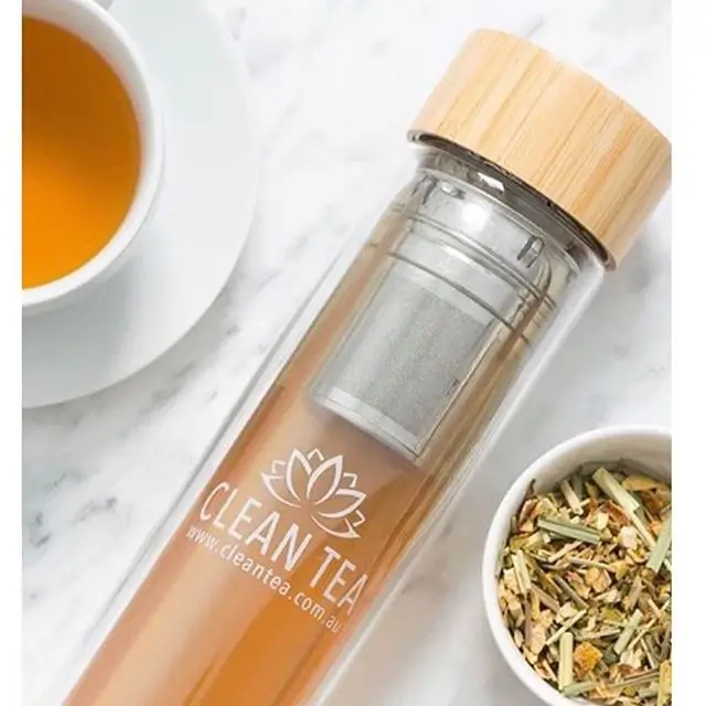 15oz Bamboo Wooden lid Double Wall High Borosilicate Glass Tea Bottle with Strainer & Infuser for Loose Tea