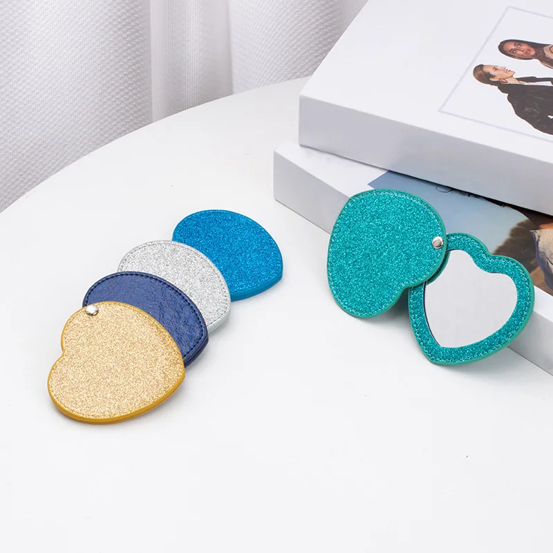 Custom Logo Heart Shape Keychain Mirror with Pu Leather Portable Cute Small Compact Vanity Cosmetic Mirror for Travel
