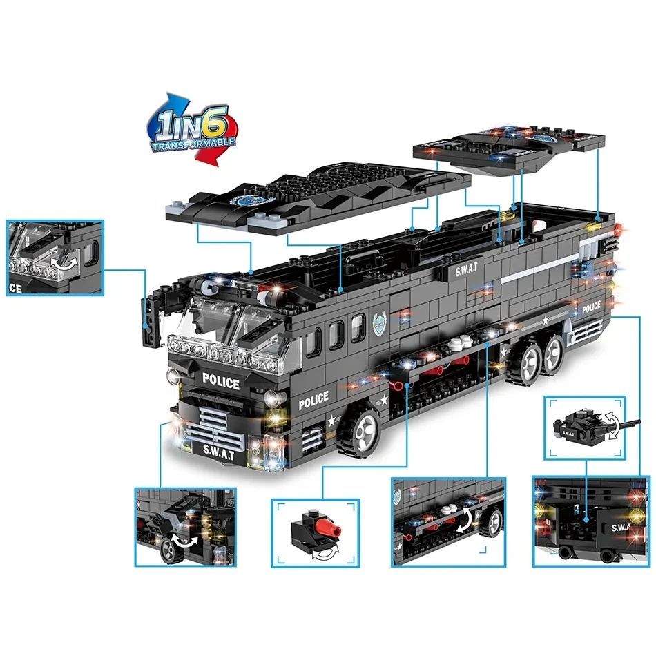 HW Toy 6 in 1 SWAT black team of the storm mobile combat bus building blocks sets 1011PCS DIY technologies bricks toys for kids