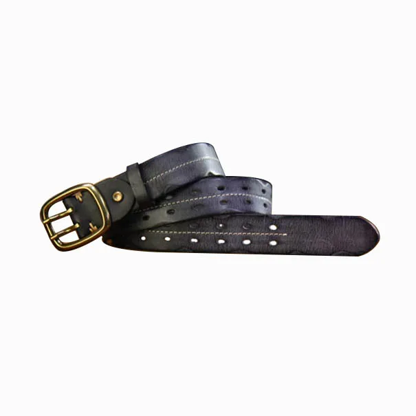 double steel needle Italian cowhide belt copper buckle hollow out leather belt for men