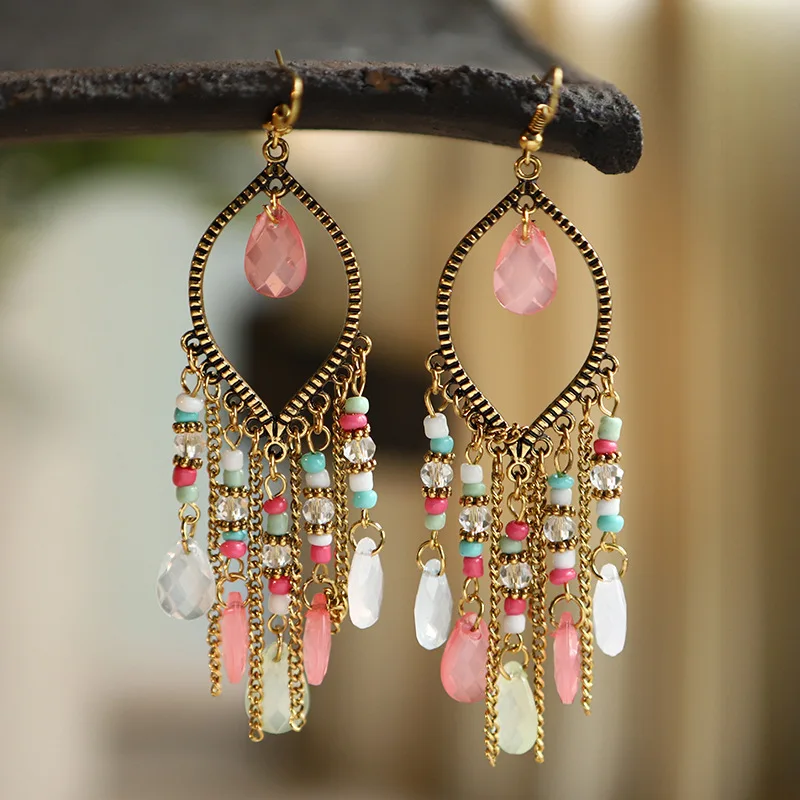 Wholesale Vintage Style Antique Gold Plated Hook Boho Rhinestone Chandelier Earrings Jewelry For Women Ladies