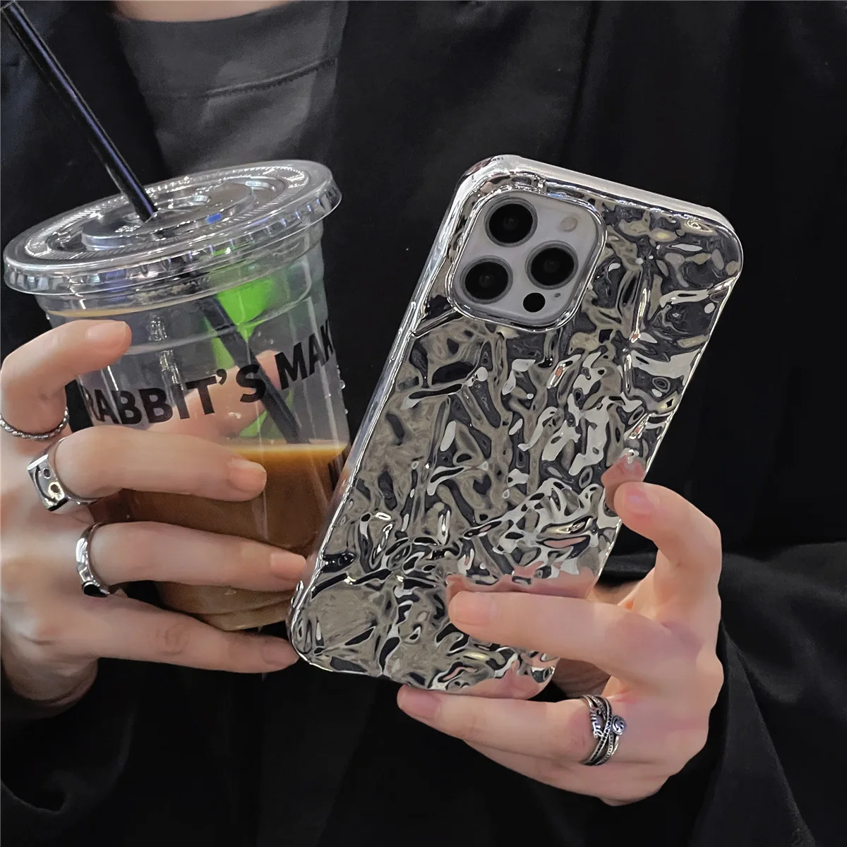 Luxury Fashion Silver Tin Paper Phone Case for iphone 14 13 11 12 Pro Max Water Ripple Liquid Metal Shockproof Soft Cover