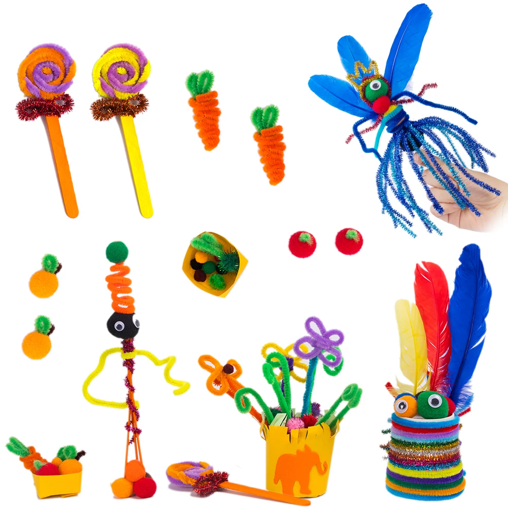 MACTING Toddlers IQ Toys Customized Kids Diy Arts And Crafts Set Include Pipe Cleaners Felt Sheet Pompom Crystal Diamond Sticker