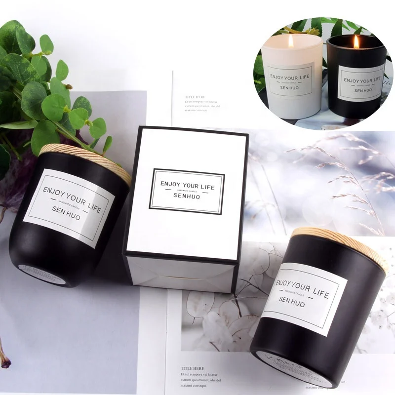  Wholesale candle jars 8 oz 9 12 Luxury Empty White And Black Frosted Candle Jars Glass with Wooden