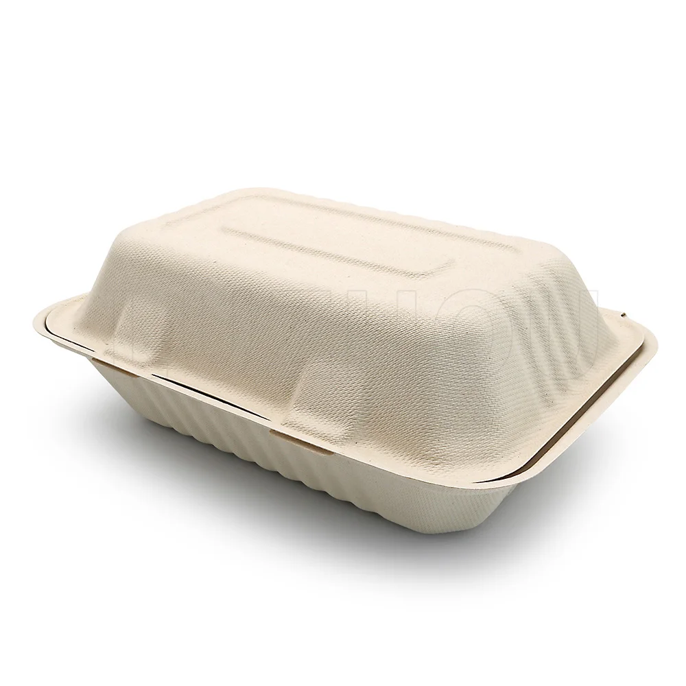 9*6*3 Bagasse Clamshell Takeout Food Containers Biodegradable to Go with Lids for Lunch