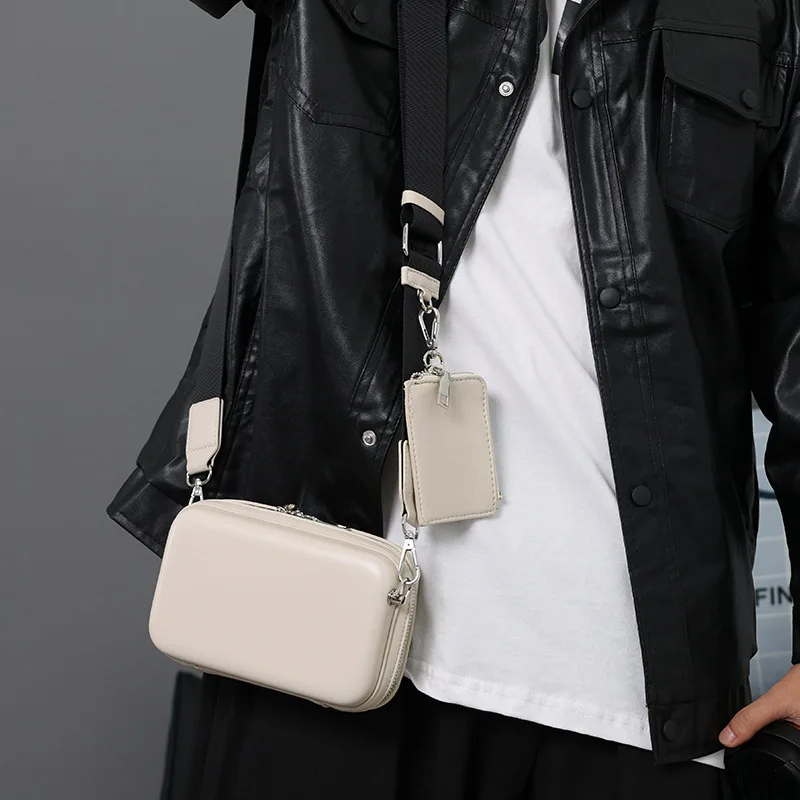 High Quality Pu Leather Crossbody Bag Men Cell Phone Travel Small Square Shoulder Bags Hard Case Wide Strap Messenger Bag