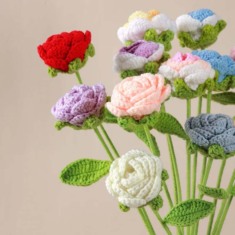 DREA Wholesale Small Artificial Rose Floral Handmade Knitted Flower Crochet Roses for Wedding Bouquet DIY Gifts
