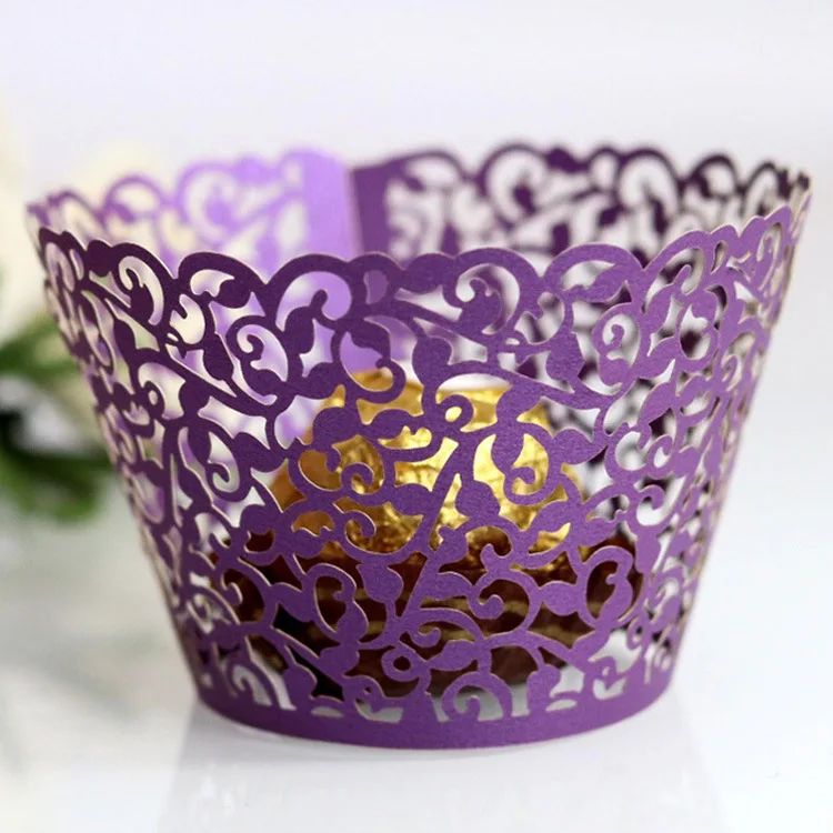 Custom Multicolor Paper Baking Cup Cake Molds Border Hollowed Out Vine Pattern Cake Cups
