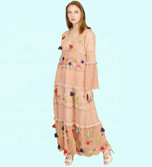 Handmade Long Floral Beaded Women Ethnic Traditional Casual Dress