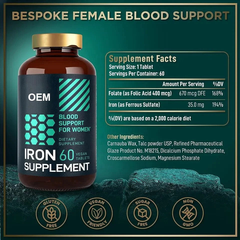 Private Label Vegan for Red Blood Cell Support Pills Supplement Halal Vitamin Iron Tablets