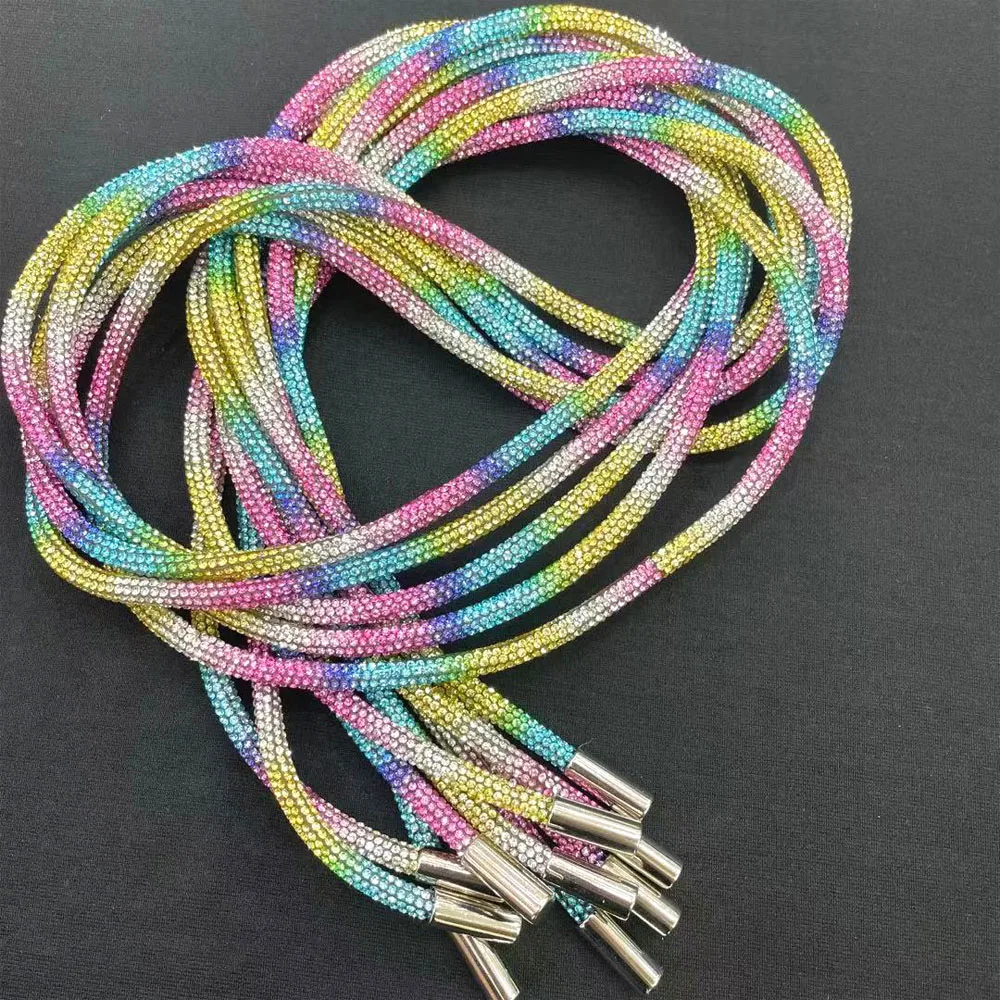 tr075 Wholesale shiny diamond tube trim fashion round rhinestone shoelace 6mm crystal rhinestone hoodie rope for garment