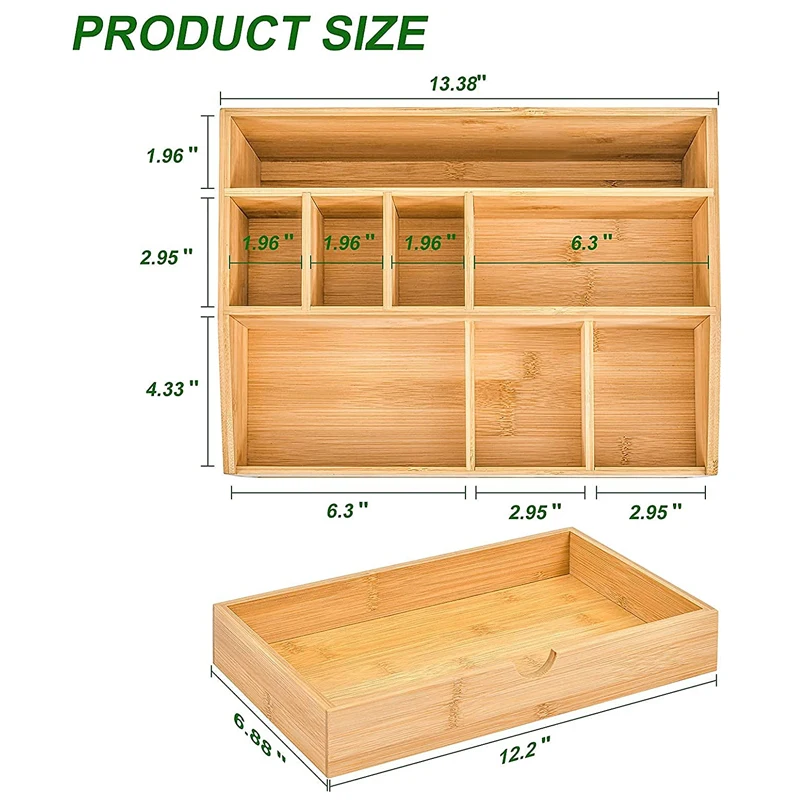 9 Compartments Storage Caddy Bamboo desk organizer with drawer  for Home Office Supplies