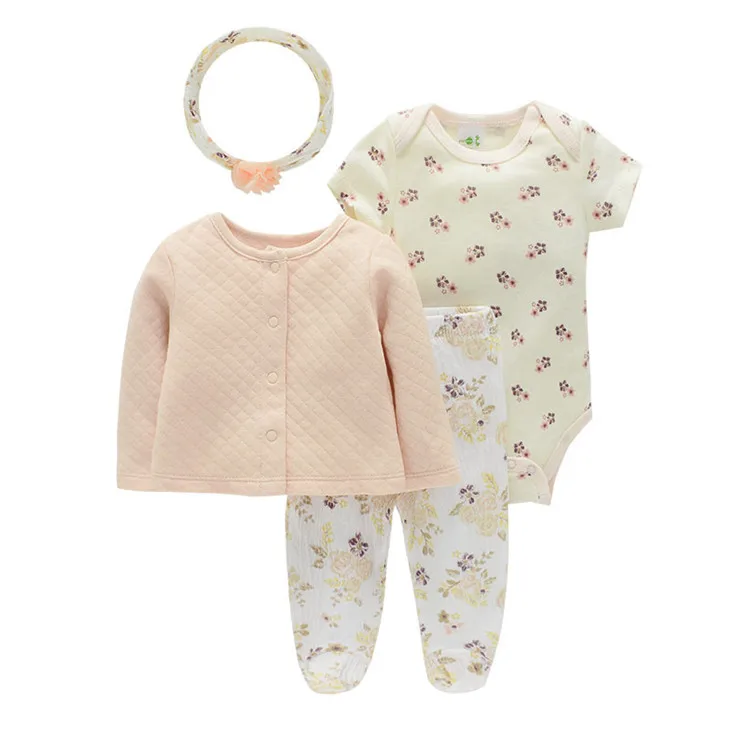 2023 Hot style 100%cotton four piece baby suit front buckle design convenient and practical cute baby newborn set clothes