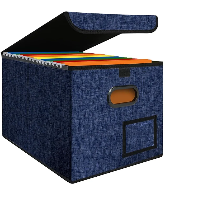 Hot Sale Large Capacity Reusable Polyester Hemp Document Storage Box Multifunctional Folding Office File Organizer with Lid
